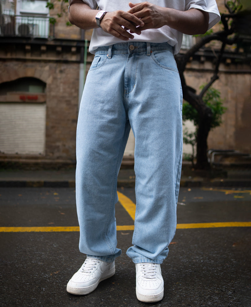 Ice Blue Basic Baggy Fit Denim Jeans.