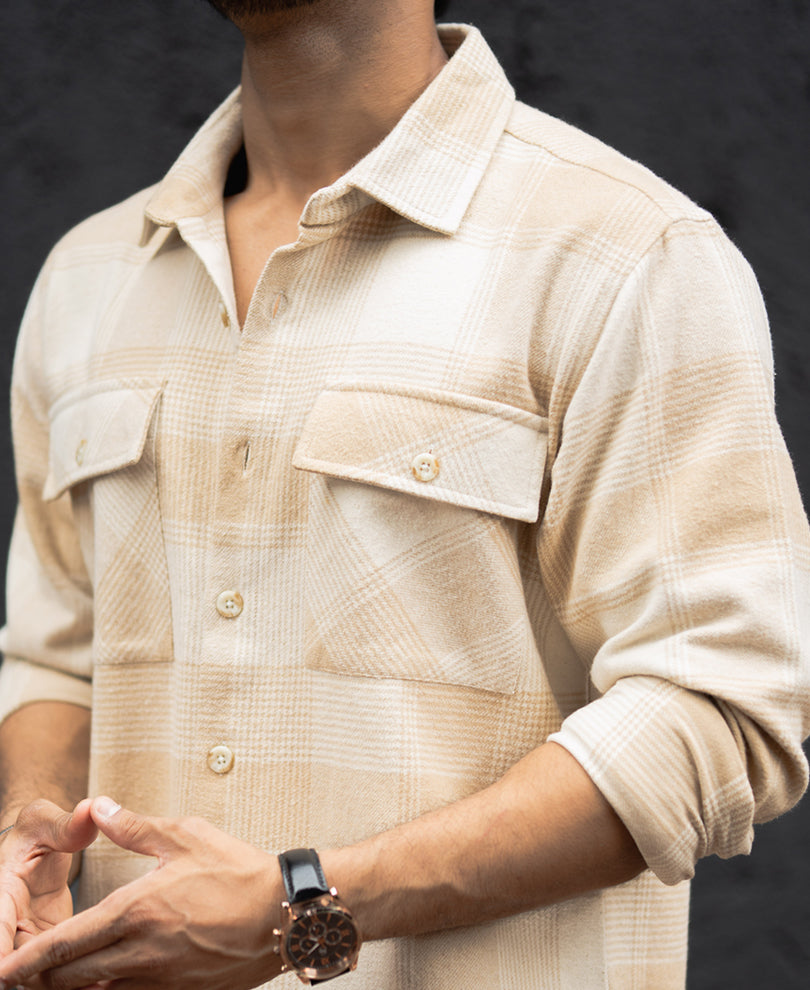 Light Beige Structured Regular Fit Full Sleeves Shirt.