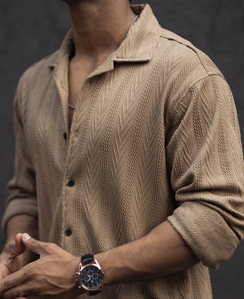 Beige Structured Regular Fit Shirt.