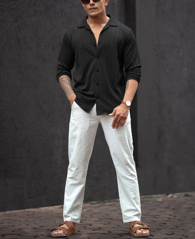 Black Structured Regular Fit Full Sleeves Shirt.