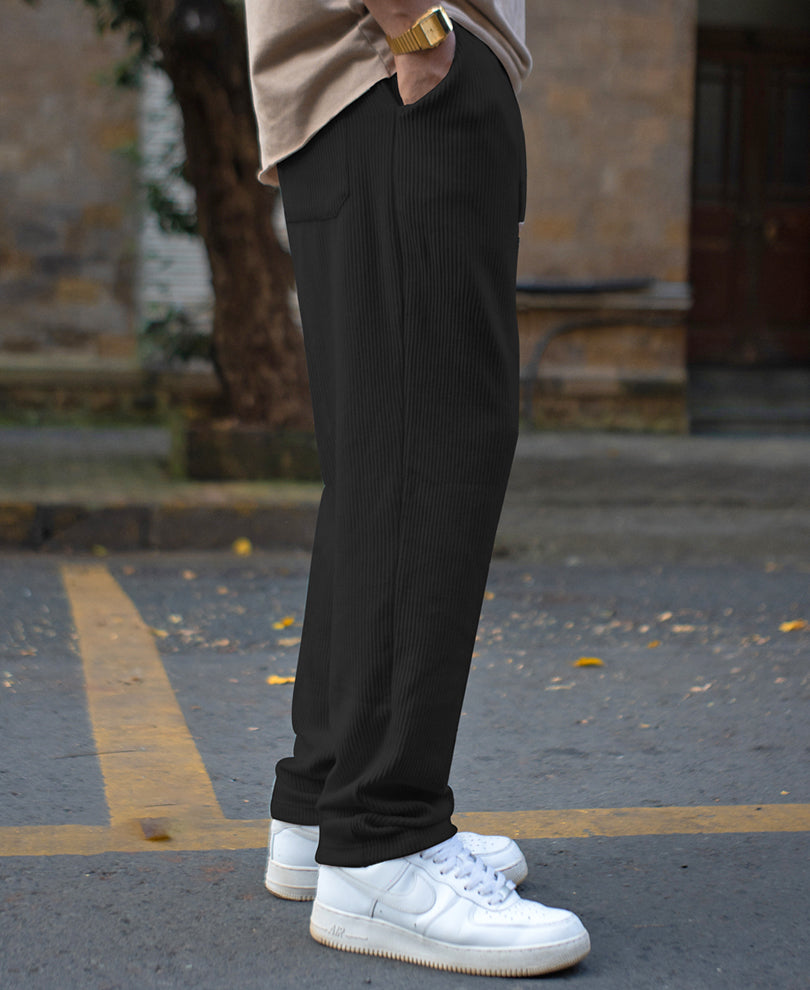 Black Corduroy Regular Fit Track Pant.
