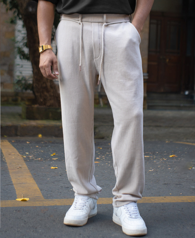 Light Beige Corduroy Regular Fit Track Pant.