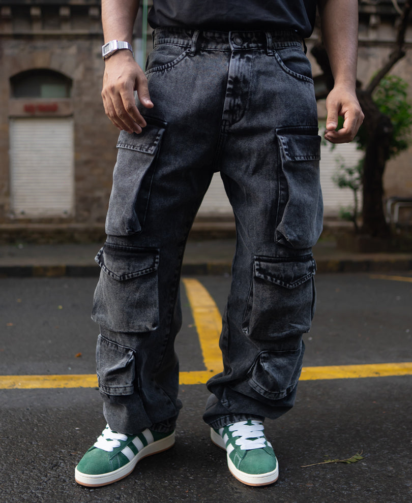 Carbon Black Baggy Fit Cargo Pockets Denim Jeans.