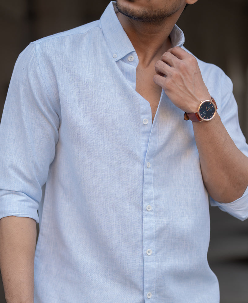Sky Blue Plain Regular Fit Full Sleeves Shirt.