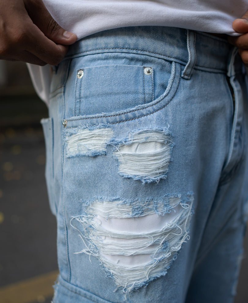 Ice Blue Baggy Fit Distressed Cargo Jeans