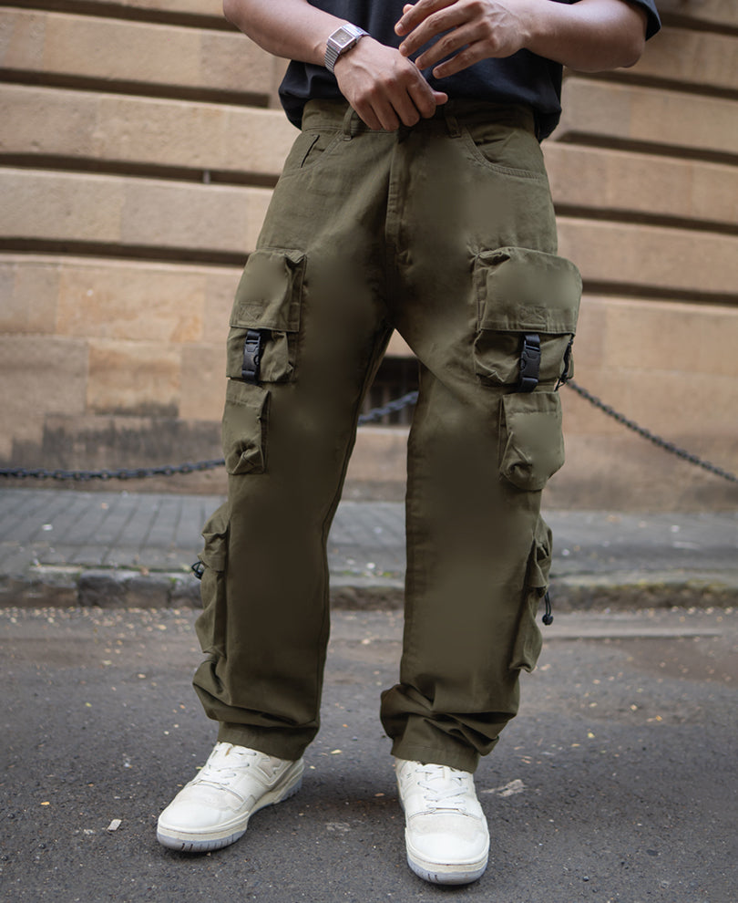 Olive Green Cotton Baggy Fit Cargo Pant.