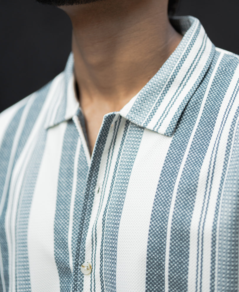 Off White And Blue Striped Regular Fit Full Sleeves Shirt.