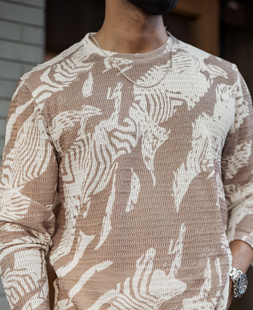 Off-White And Brown Regular Fit Printed Full Sleeves T-Shirt.