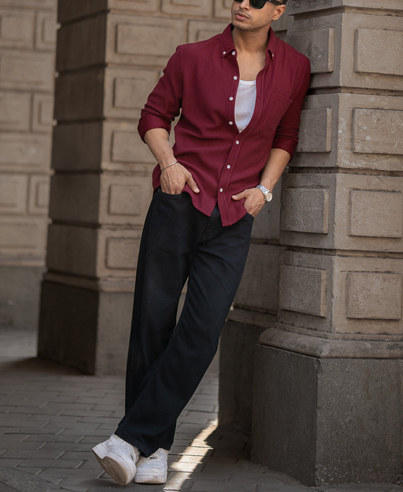 Maroon Corduroy Regular Full Sleeves Shirt.