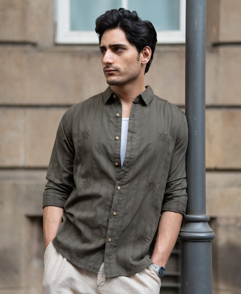 Olive Structure Embroidered Shirt.