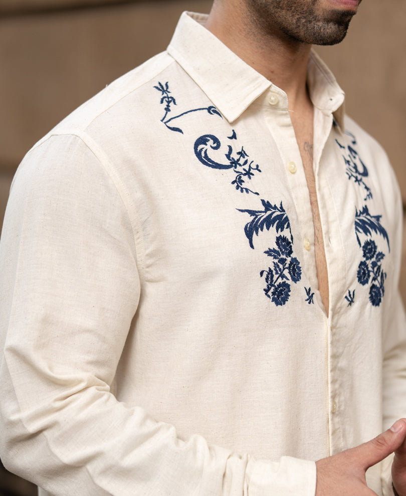 Natural Embroidered Linen Blend Shirt