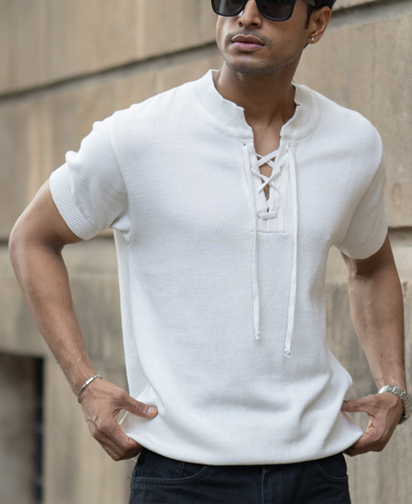 White Knitted Regular Fit Henley T-Shirt.