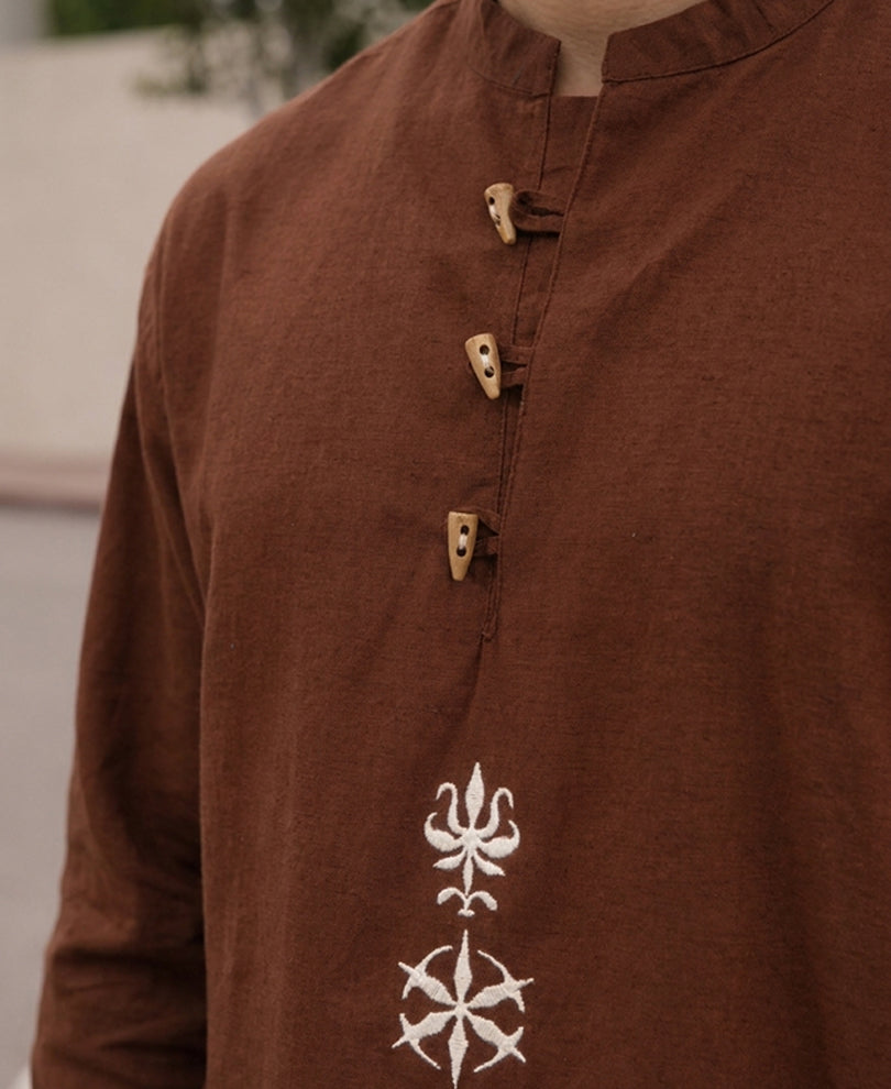 Brown Linen Blend Embroidered Kurta Shirt