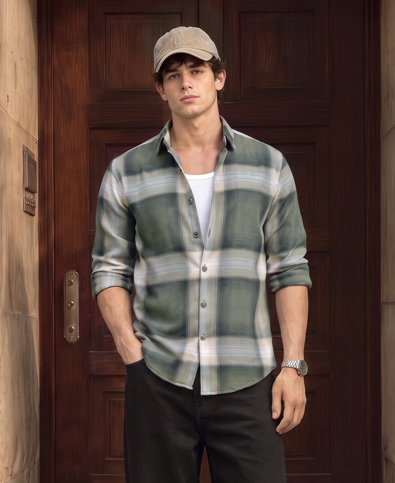 Olive Twill Checks Shirt