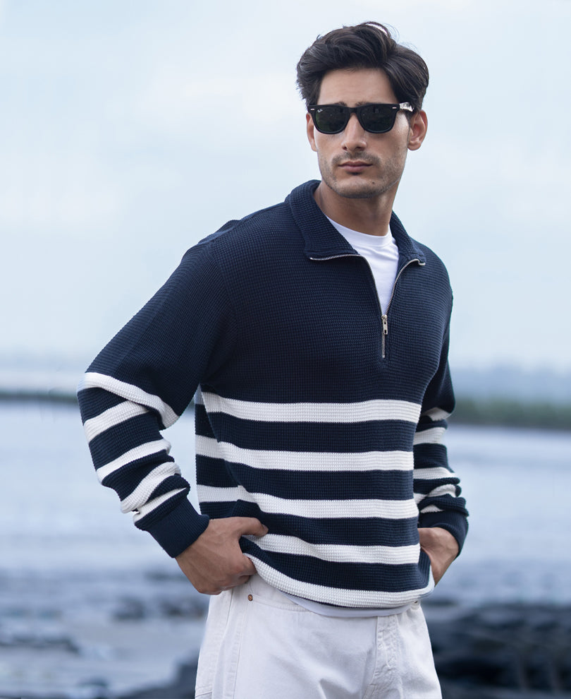 Navy Striped Zipper Neck T-Shirt 100% Cotton