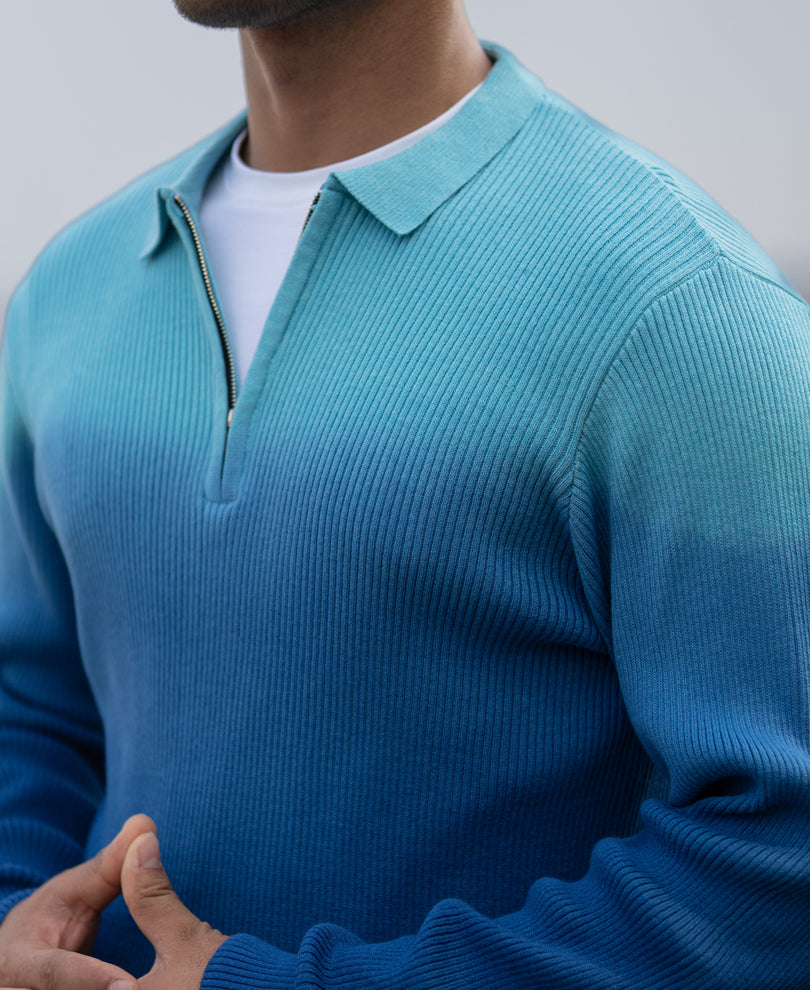 Blue Ombre Structure Cotton T-Shirt.