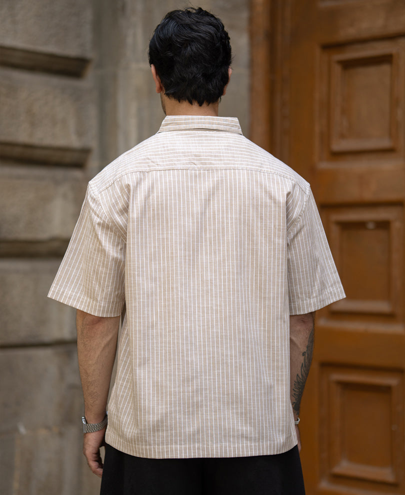 Beige Embroidered Stripe Shirt 100% Cotton