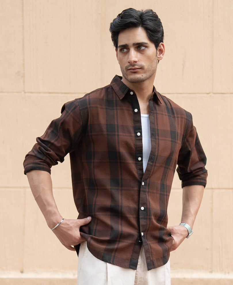 Dark Brown Structured Checked Shirt.