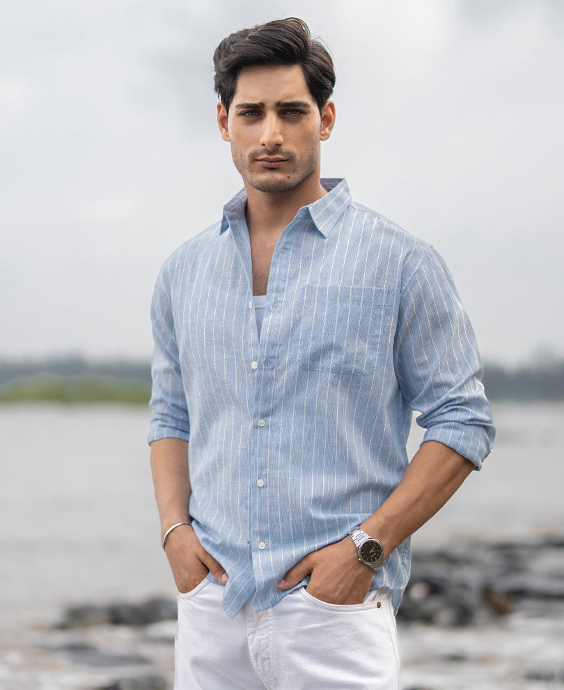 Dark Blue Cotton Stripe Shirt.