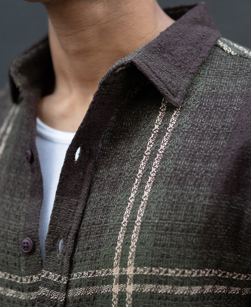 Dark Olive Structured Checks Shirt.