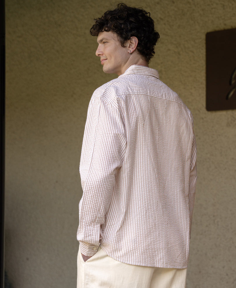 Beige Seersucker Printed Stripe Shirt