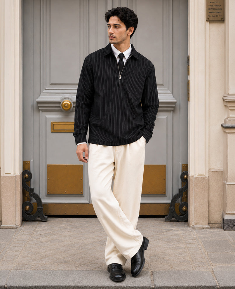 Buy Black Oxford Stripe Zipper Shirt for Men | POWERLOOK