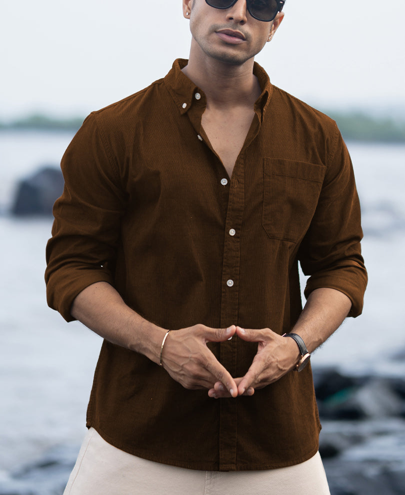 Tan Brown Corduroy Buttondown Shirt.