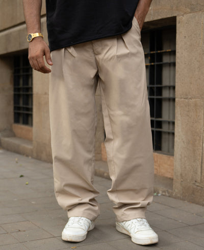 Beige Pleated Baggy Trousers