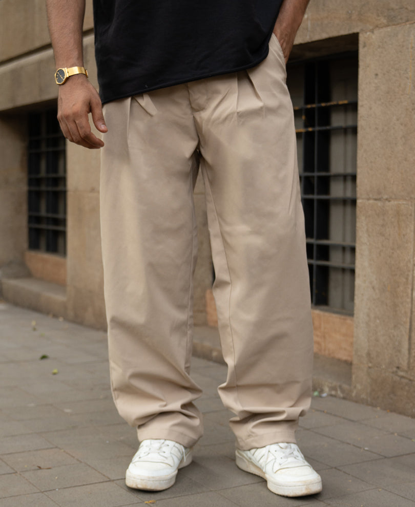 Beige Pleated Baggy Trousers