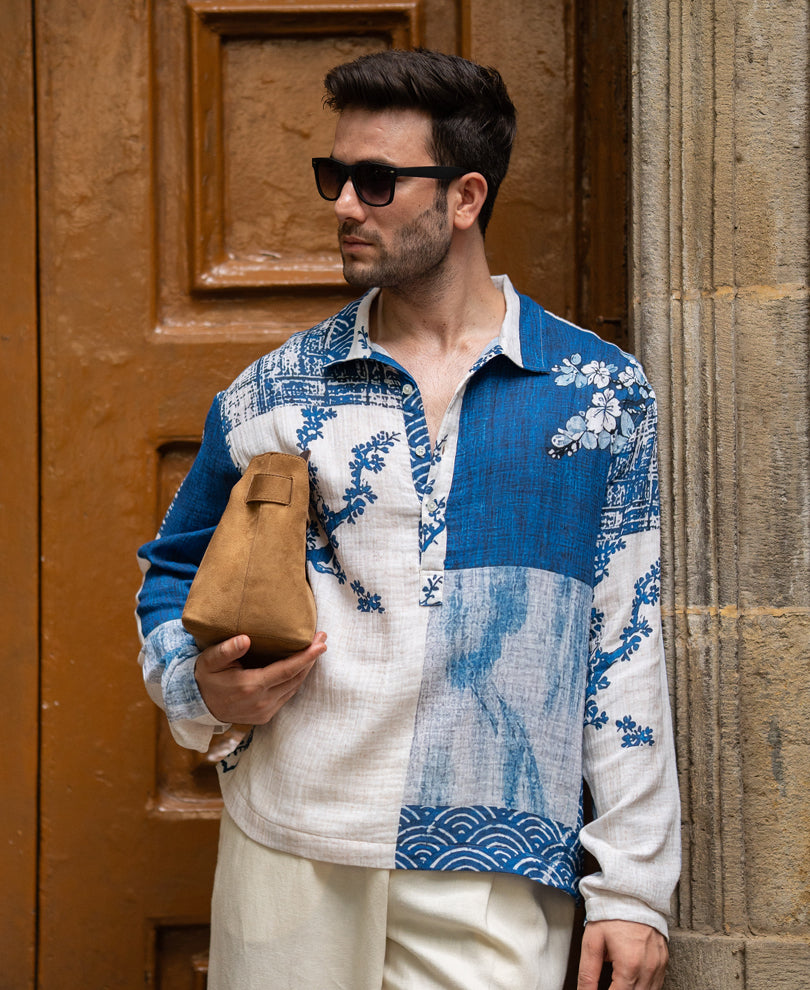Blue Patch Print Kurta Shirt 100% Cotton