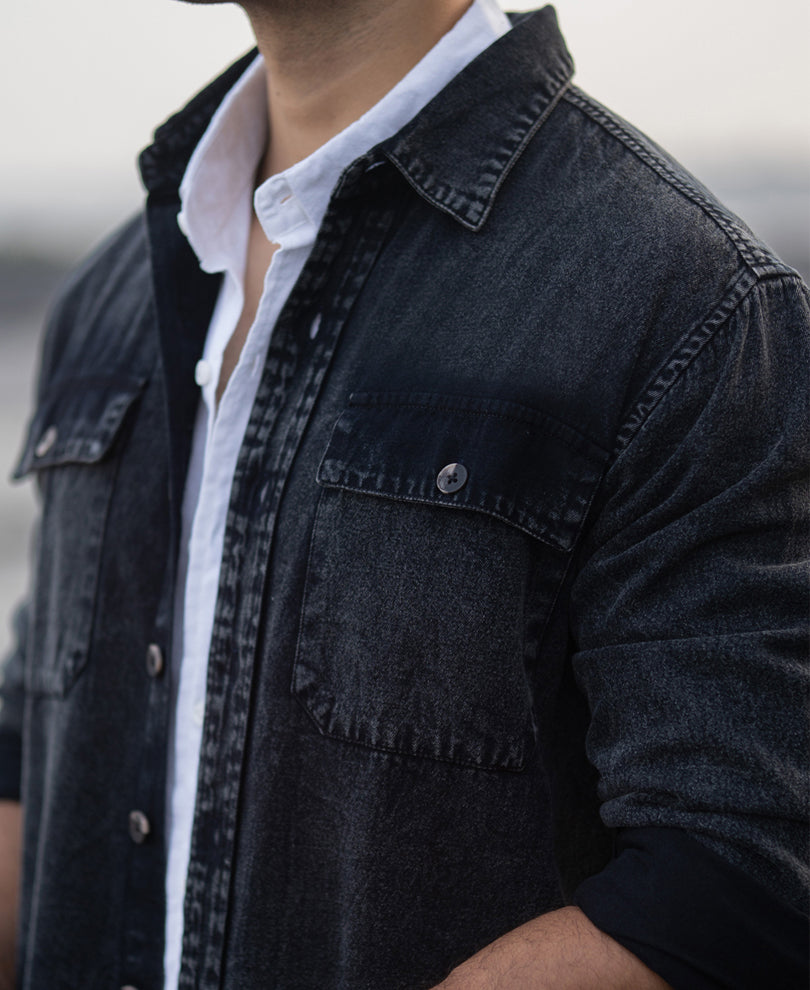 Black Charcoal Washed Denim Shirt.
