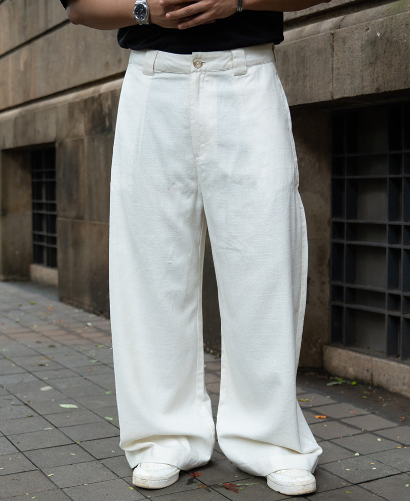 White Linen Blend Barrel Fit Pants