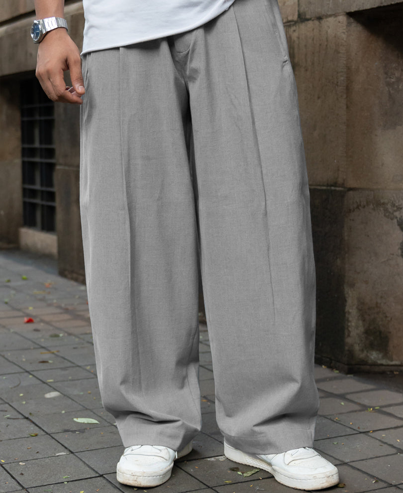 Grey Pleated Barrel Fit Trousers