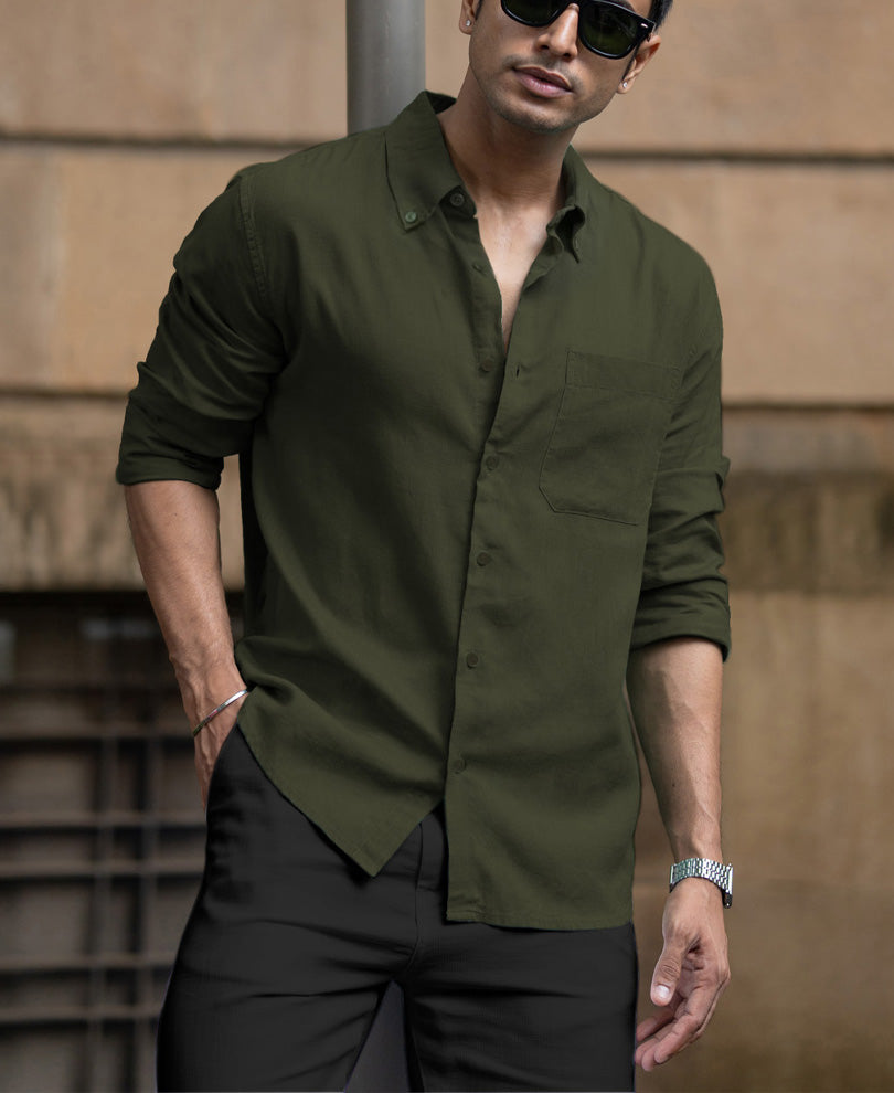 Olive Linen Blend Shirt.