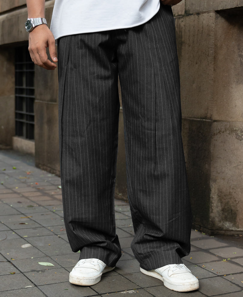 Grey Striped Pleated Korean Pants