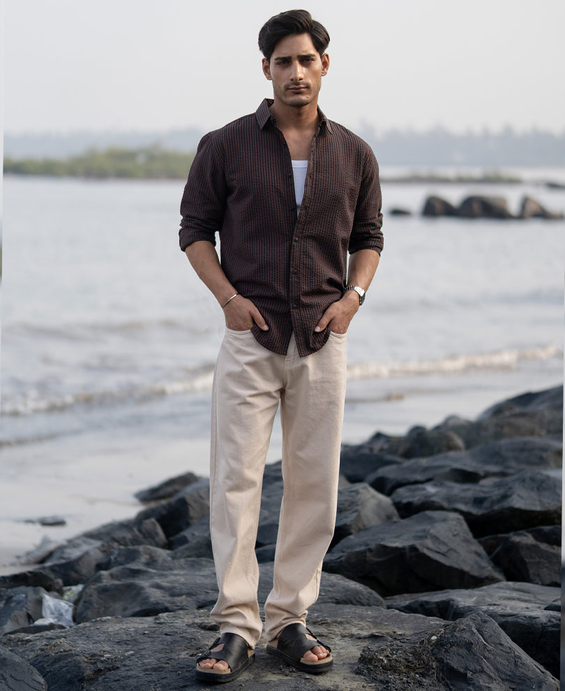 Brown Seer Sucker Stripe Shirt.