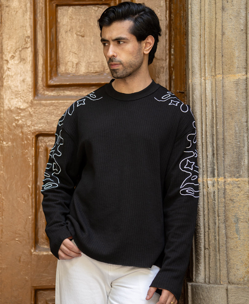 Black Embroidered Structured T-Shirt