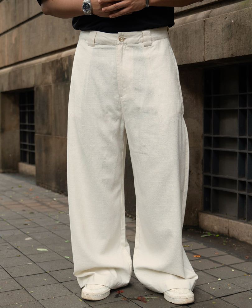 Cream Linen Blend Barrel Fit Pants