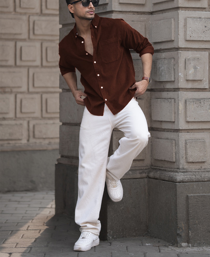 Brown Corduroy Regular Fit Full Sleeves Shirt.