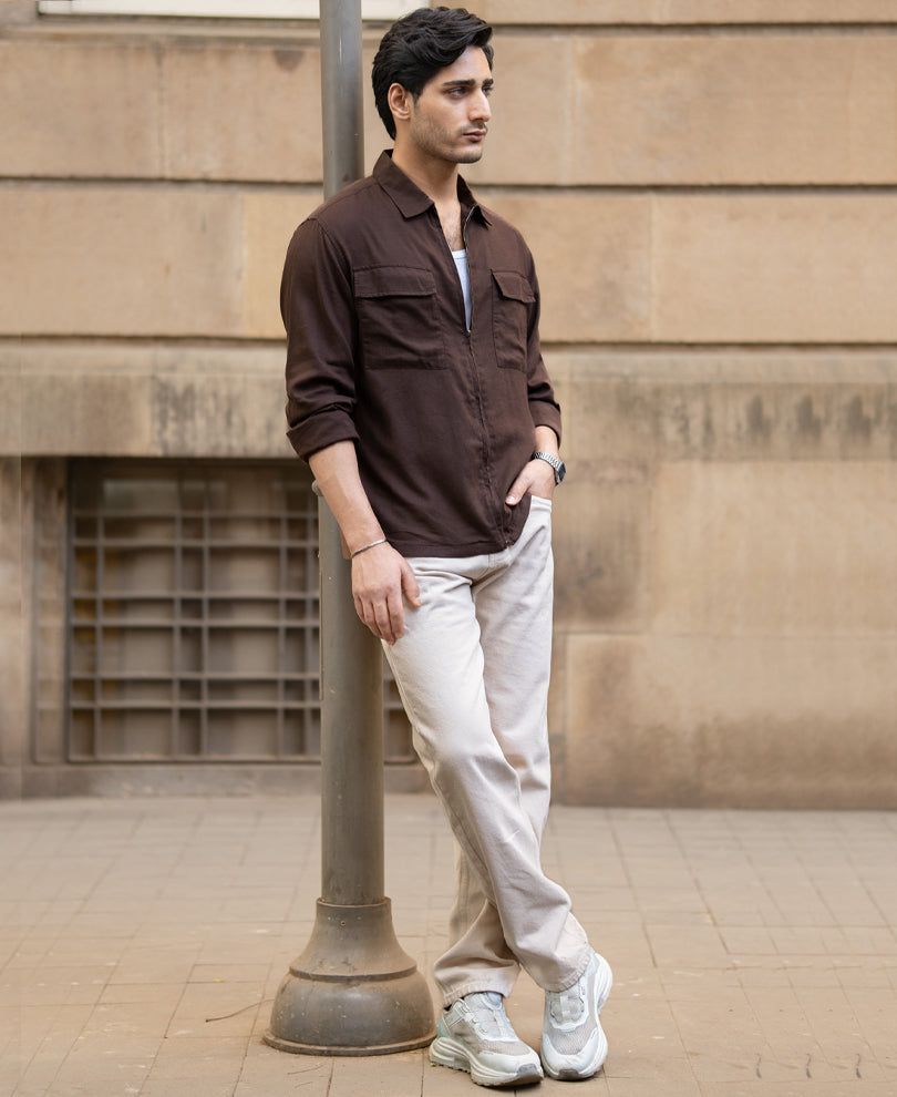 Coffee Brown Linen Blend Zipper Shirt.