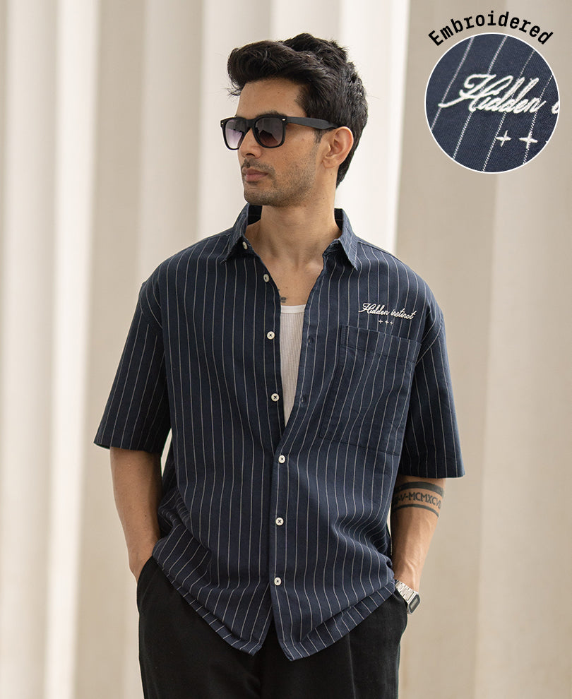 Navy Oxford Stripe Shirt 100% Cotton