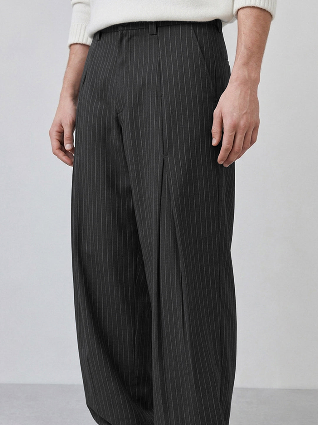 Grey Striped Pleated Korean Pants