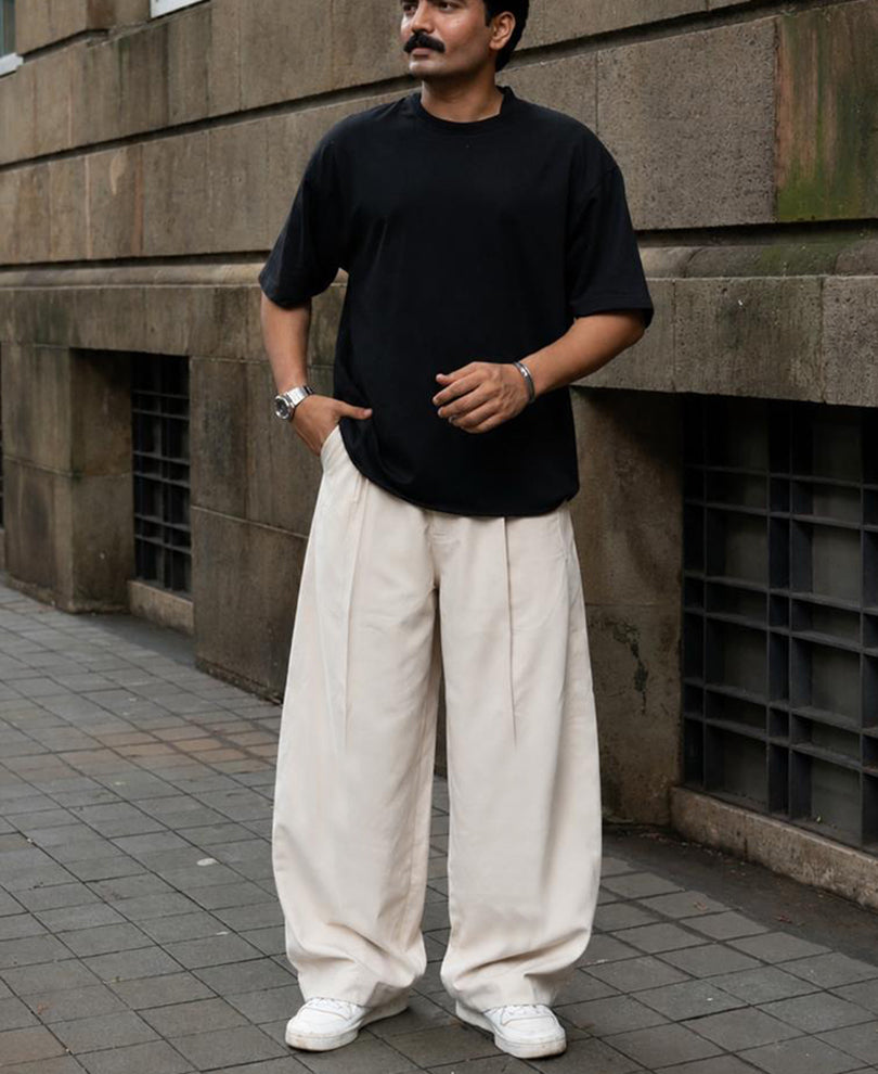 Beige Pleated Barrel Fit Trousers