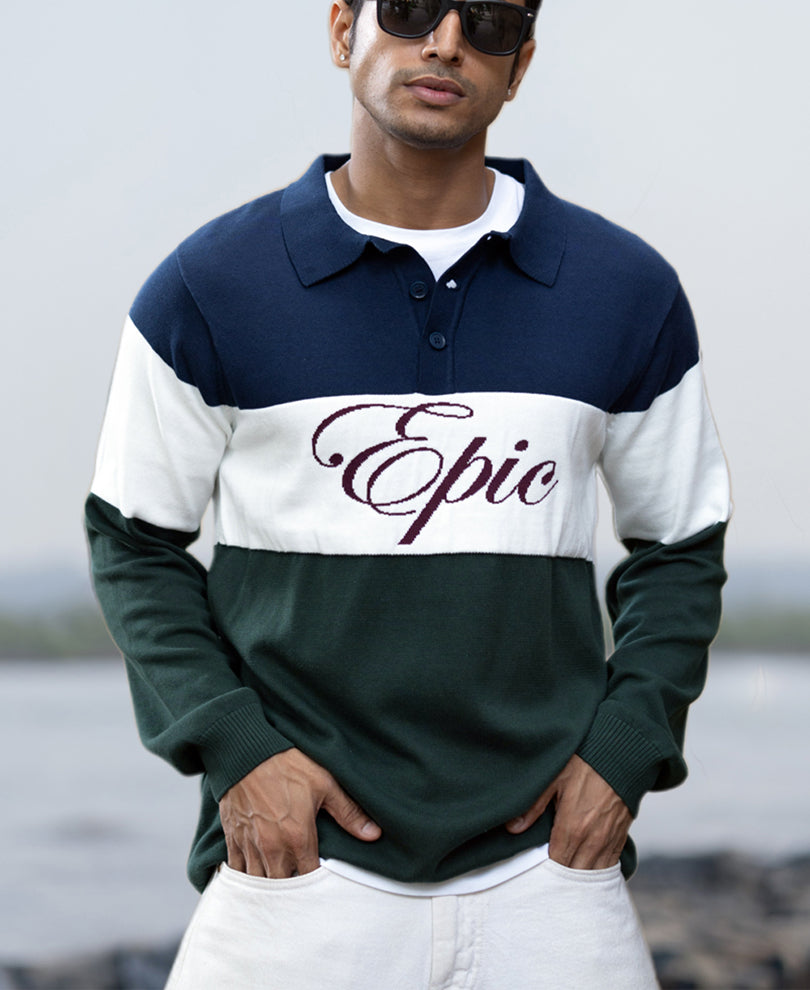 Navy And Green Panelled Polo T-Shirt.