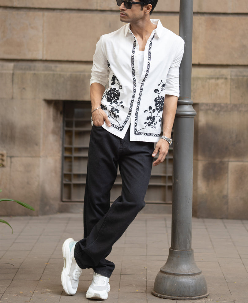 White Cotton Slub Embroidered Shirt.