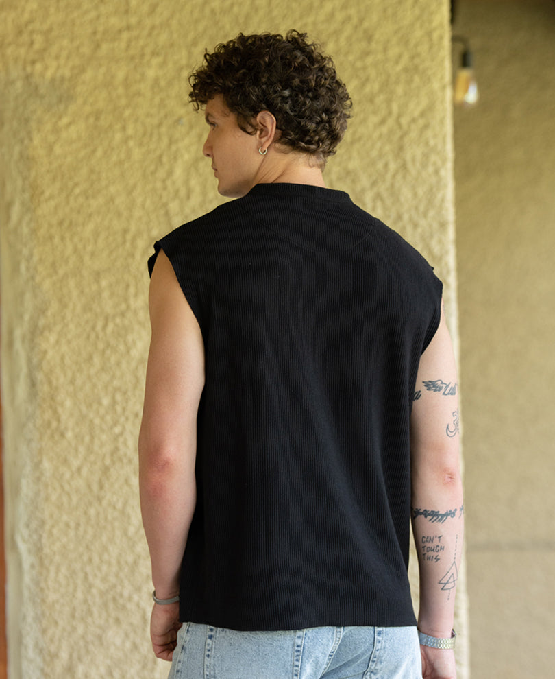 Black Knitted Henley Vest