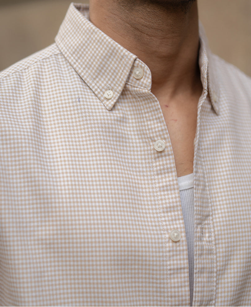 Beige Microchecks Oxford Shirt.