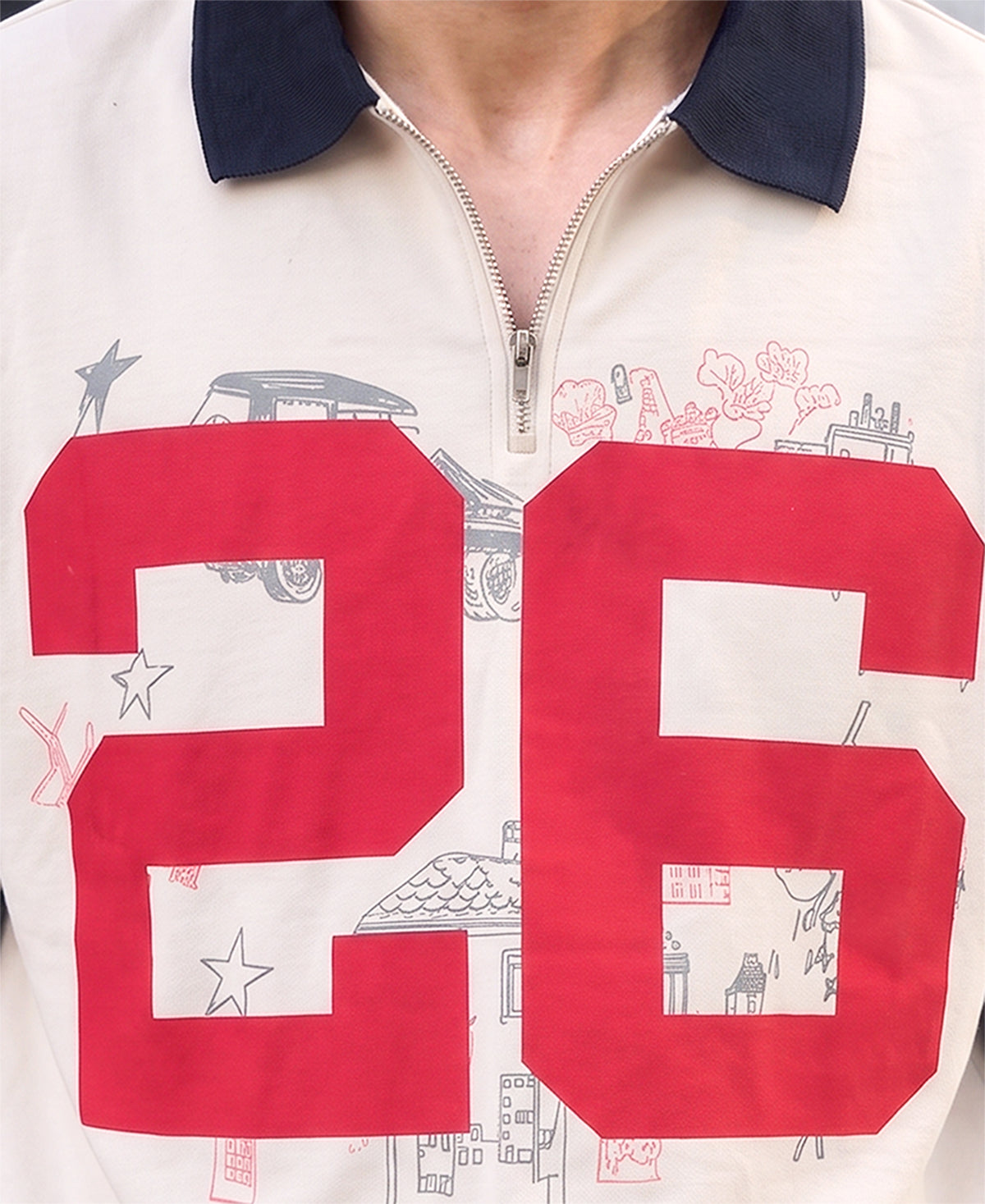Cream Printed Zipper T-Shirt 100% Cotton