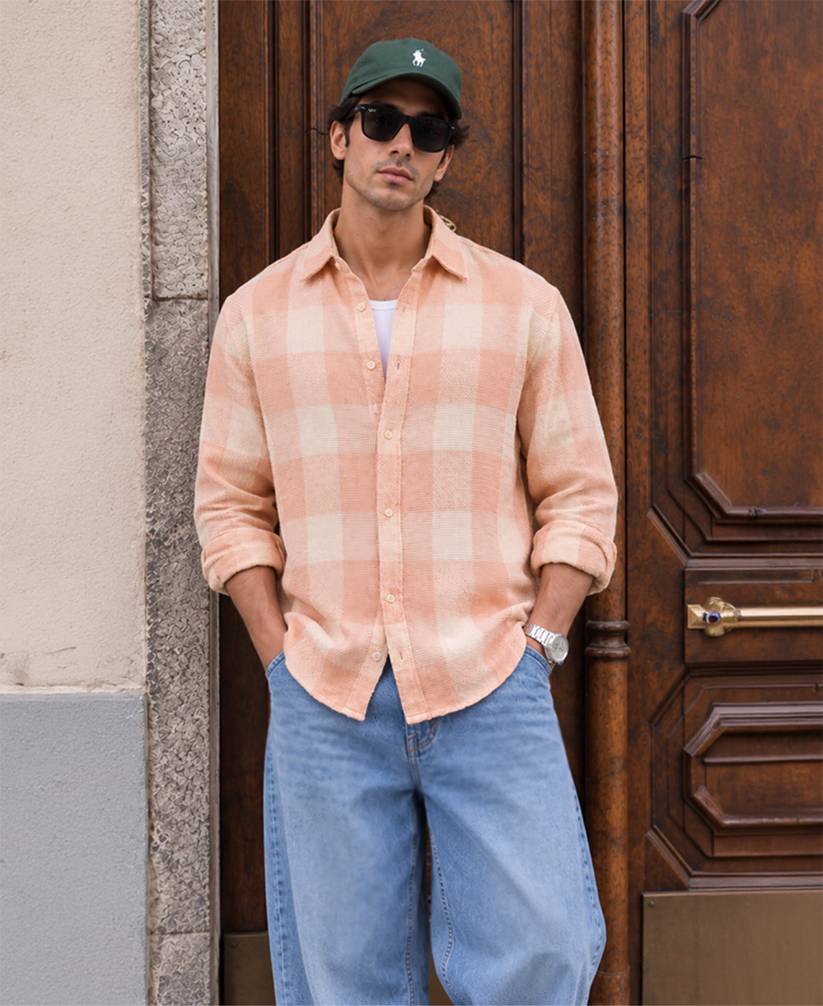 Light Peach Structured Checks Shirt