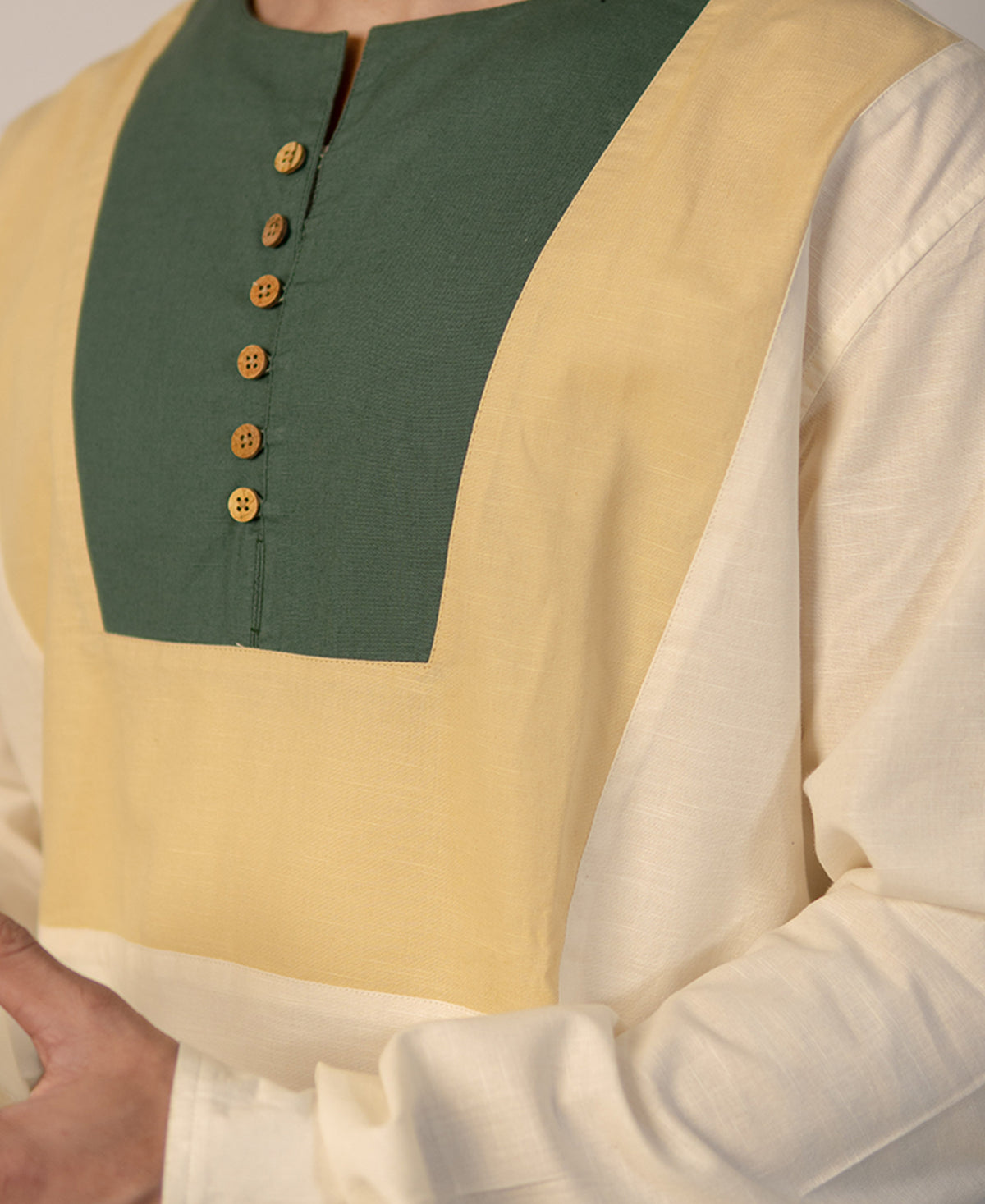 Off White Panelled Kurta Shirt 100% Cotton